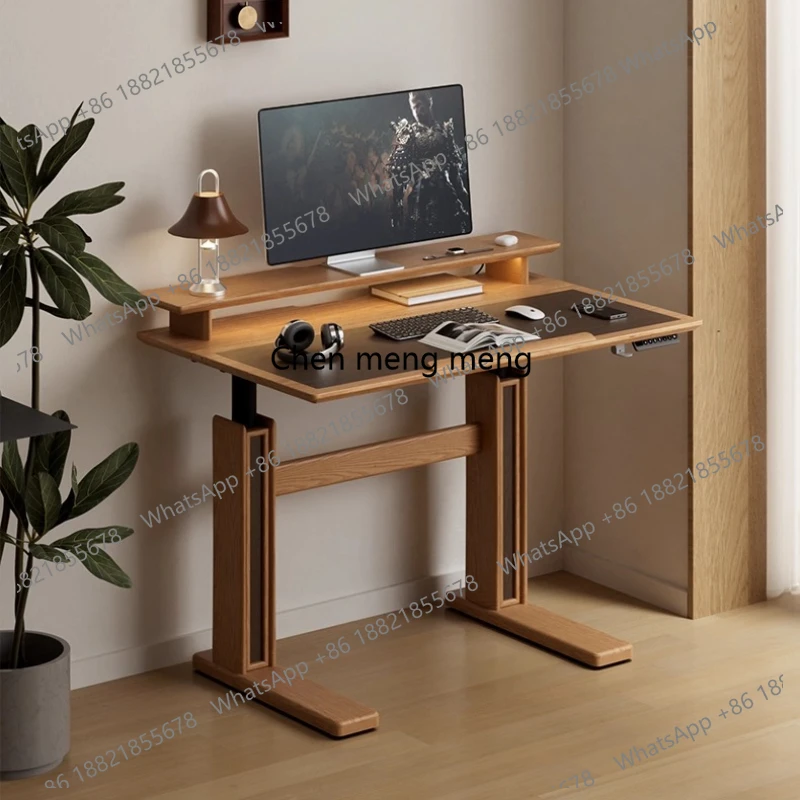 Vintage Style Solid Wood Electric Adjustable Gaming Study Desk Workbench Height Adjustable Study Table