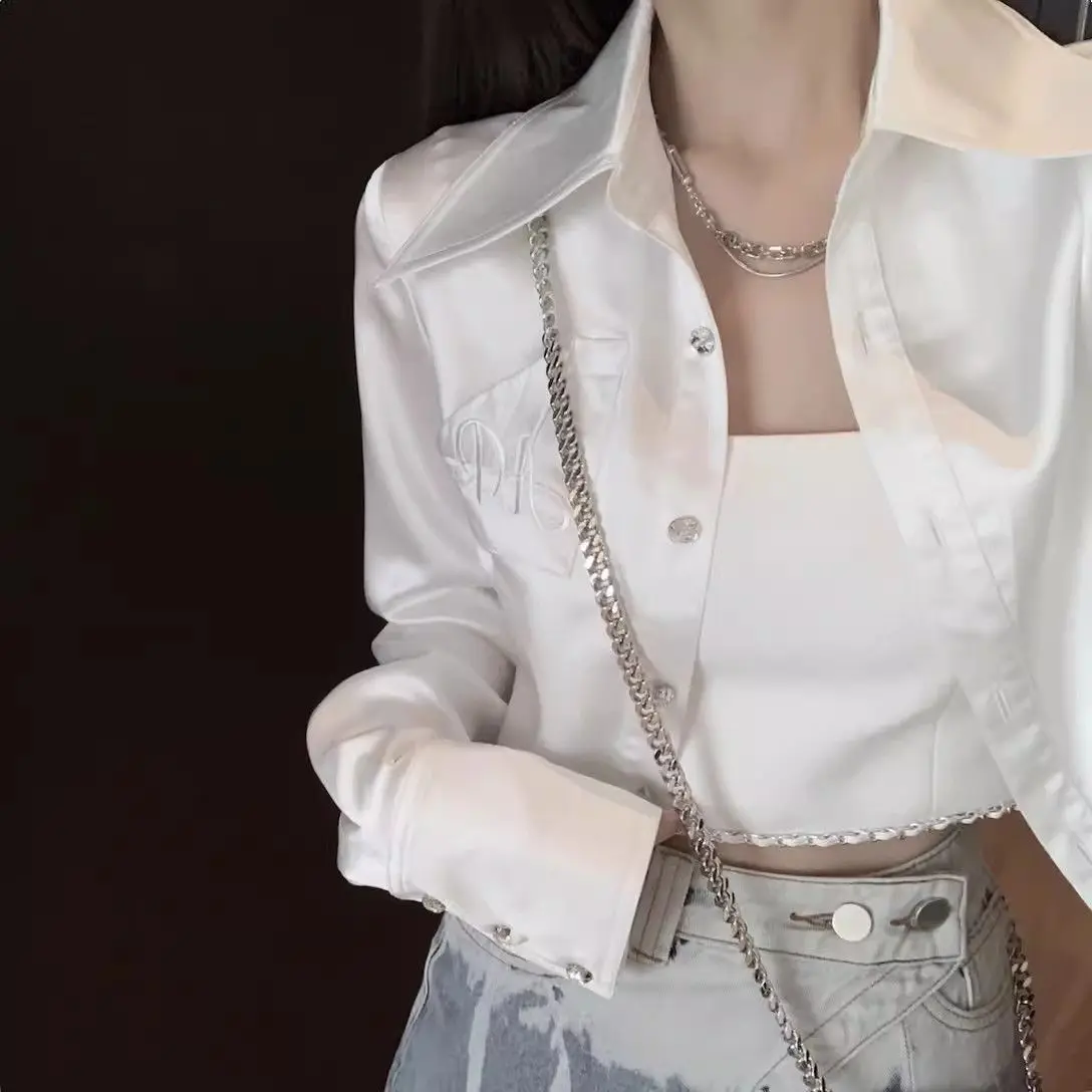 

Retro Satin Letter Embroidery Rhinestone Long Sleeve Shirt Women's Versatile White Sun Protection Shirt Commute Style Slim Fit