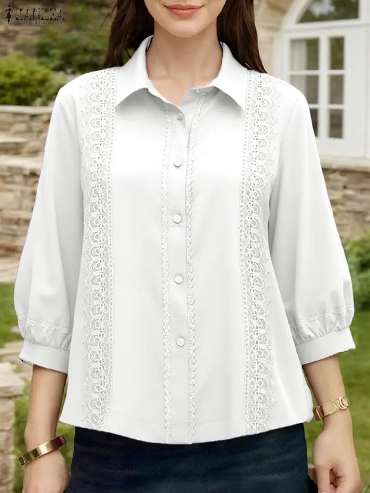 

ZANZEA 2025 Lace Patchwor Shirts Fashion 3/4 Sleeve Women Elegant Office Work Tops Casual Loose Tunic Lapel Neck Autumn Blusas