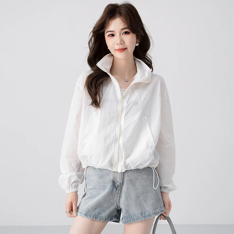 Autumn Korean Women Lapel Zipper Long Sleeve Sun Protection Loose Short Jacket