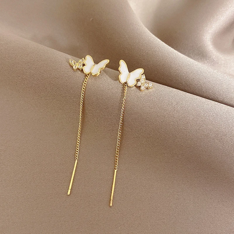 New Elegent Butterfly Long Tassel Ear Line Dangle Earrings For Women Korean Sweet Temperament Pearl Drop Earrings New Jewelry