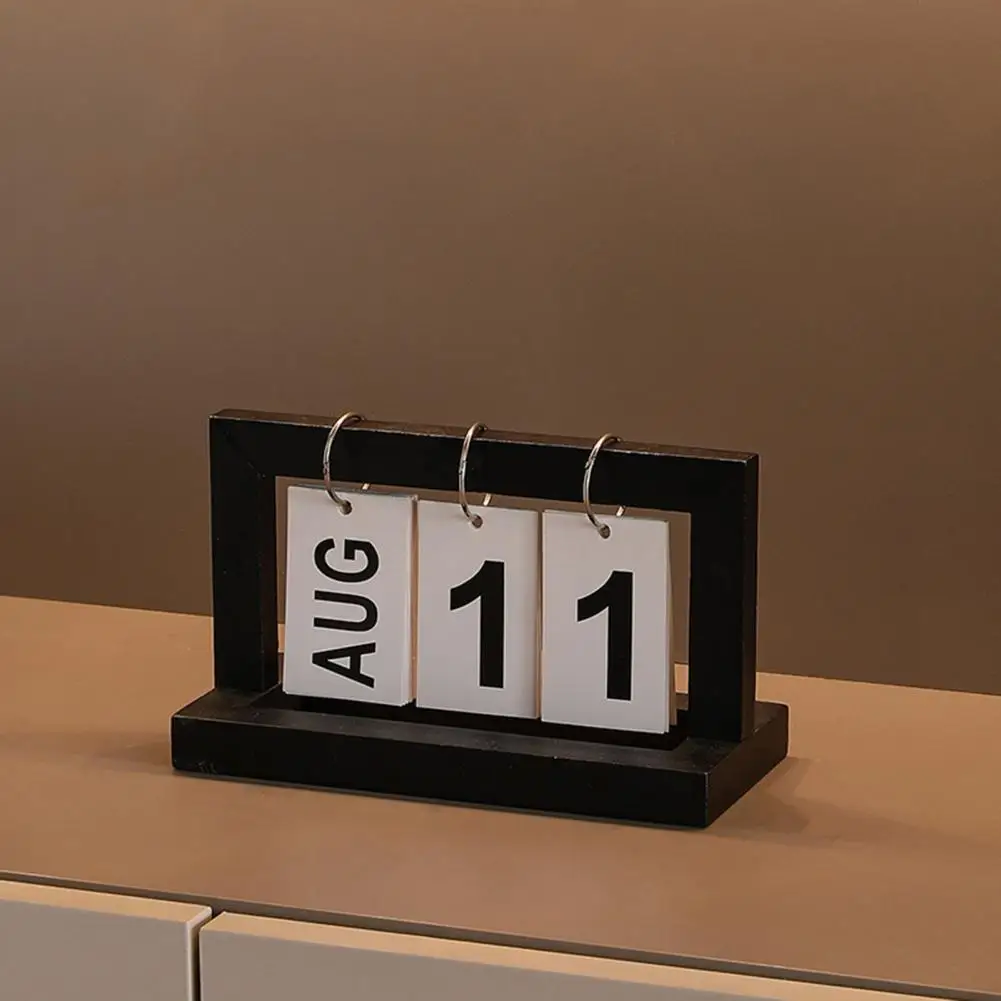 Calendar Work Station Decor Rust-resistant Wooden Perpetual Calendar Ornament Desktop Decor with Metal Iron Ring Solid for Home