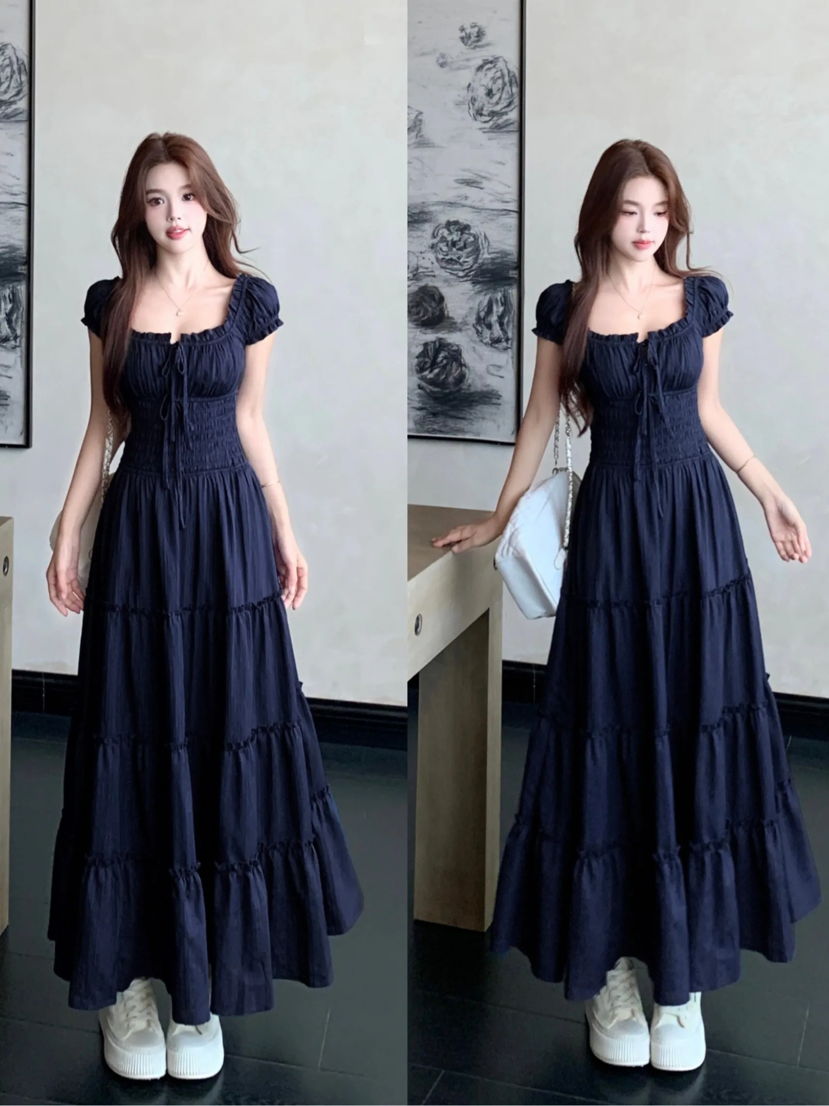 

Summer Fashion plus Size Women's Dress Long A-Line Skirt Style Square Collar Slimming Effect French Style Bubble Sleeve Dress