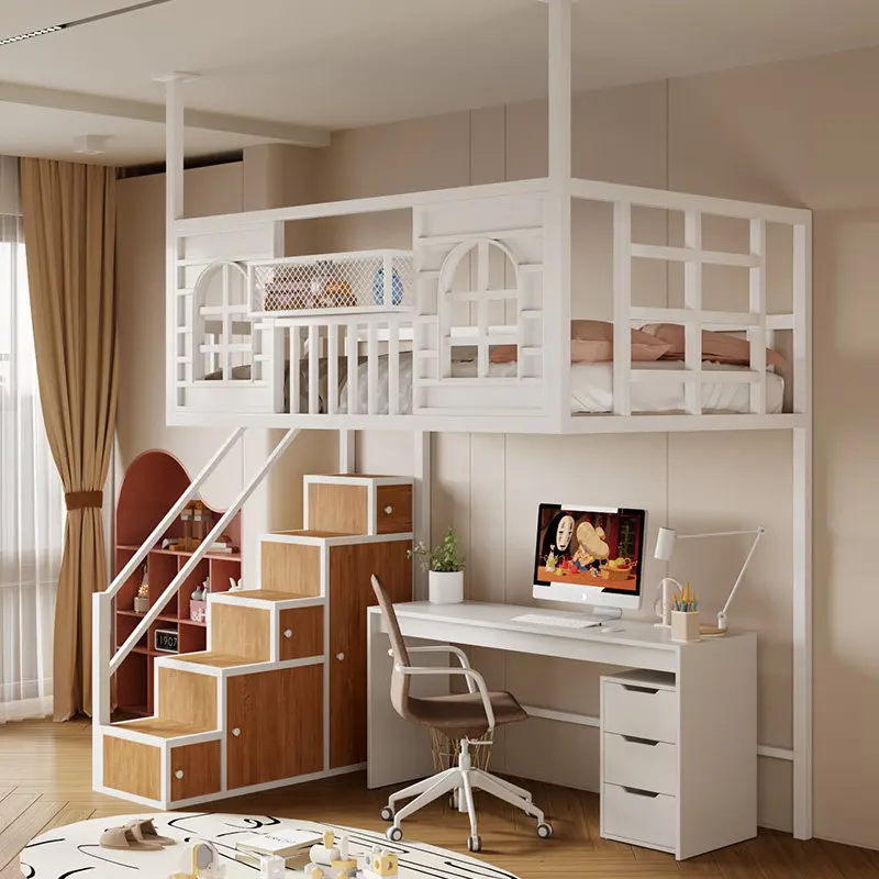 Elevated bed wrought iron aerial ceiling loft bed hanging  under empty ladder cabinet bed