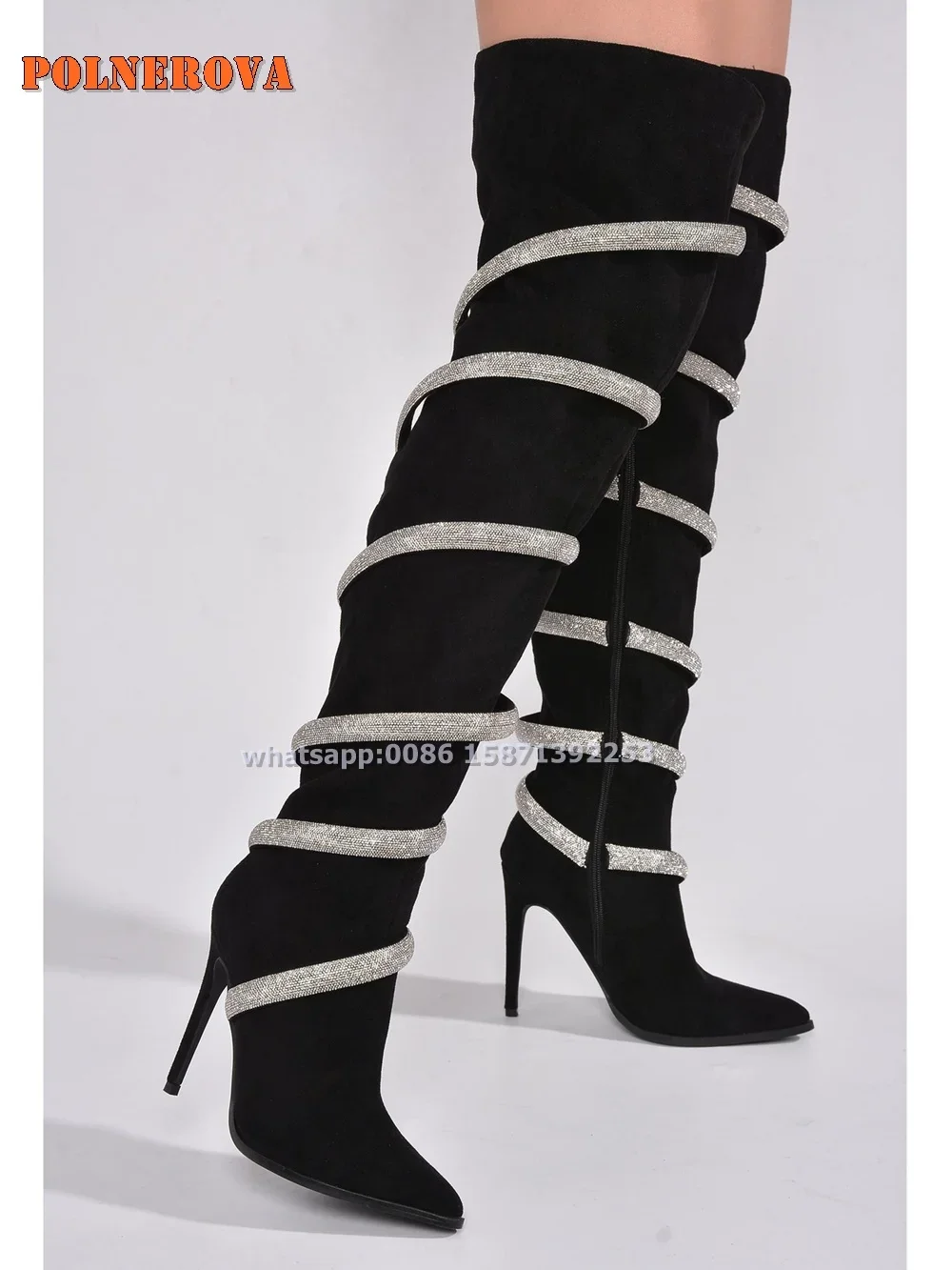 

Black Rhinestone Thigh-High Boots Pointed Toe Stiletto Heels Snake-Strappy Solid Patchwork Sexy Women Booties 2024 Autumn Trend