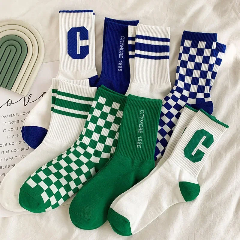 Korean Trend Letter Big C Socks Women Spring New Ins Checkerboard Socks Striped Letter Socks Women Calcetines