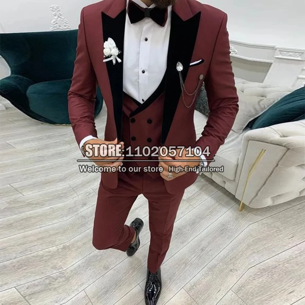 

Handsome Suits Men Slim Fit Burgundy 3 Pieces Groom Wear Wedding Tuexdo Formal Party Black Blazer Trajes De Hombre Custom Made