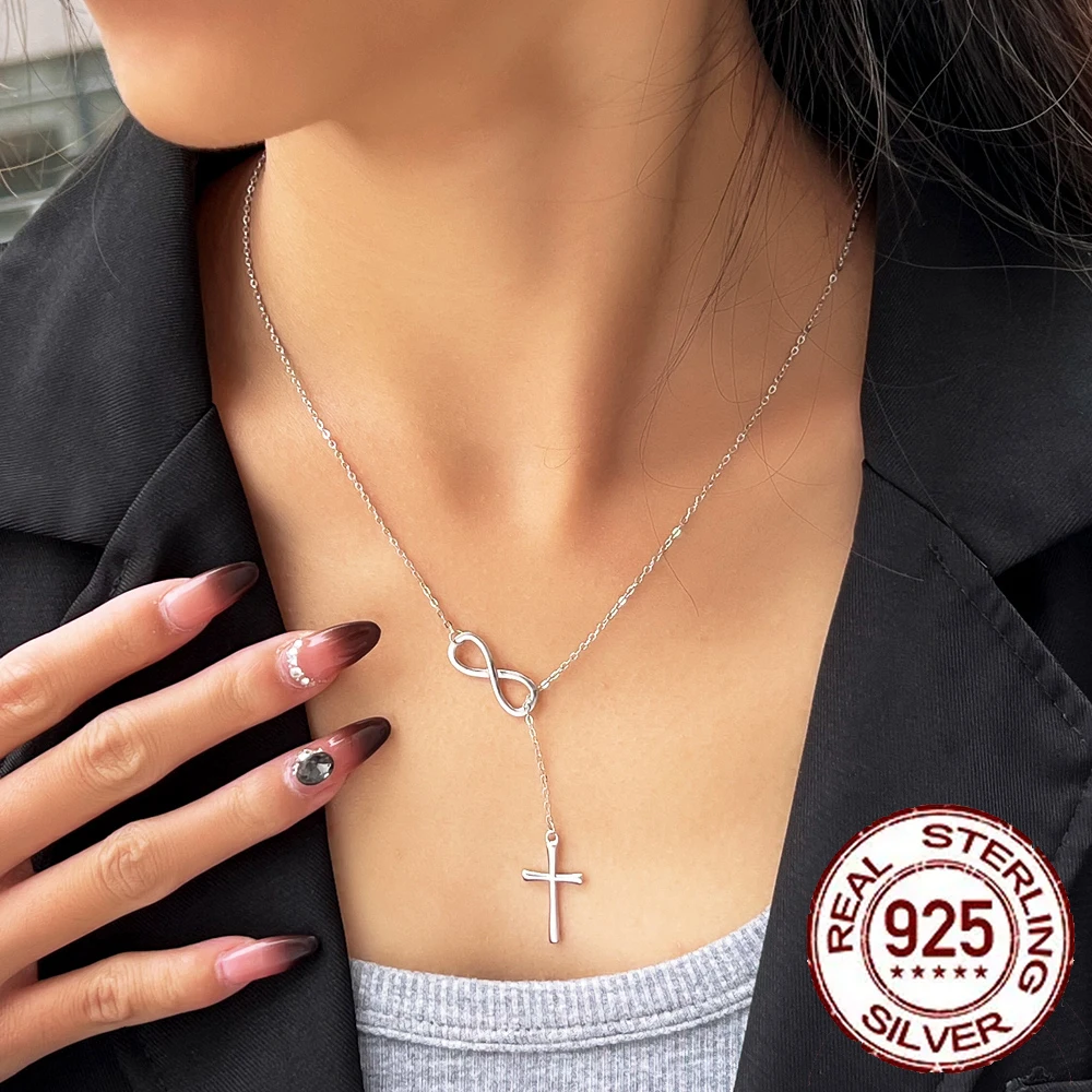 CWWZircons Fashion S925 Sterling Silver Cross Infinity Pendant Chain Necklace for Women Accessories Party Jewelry Gifts SD012