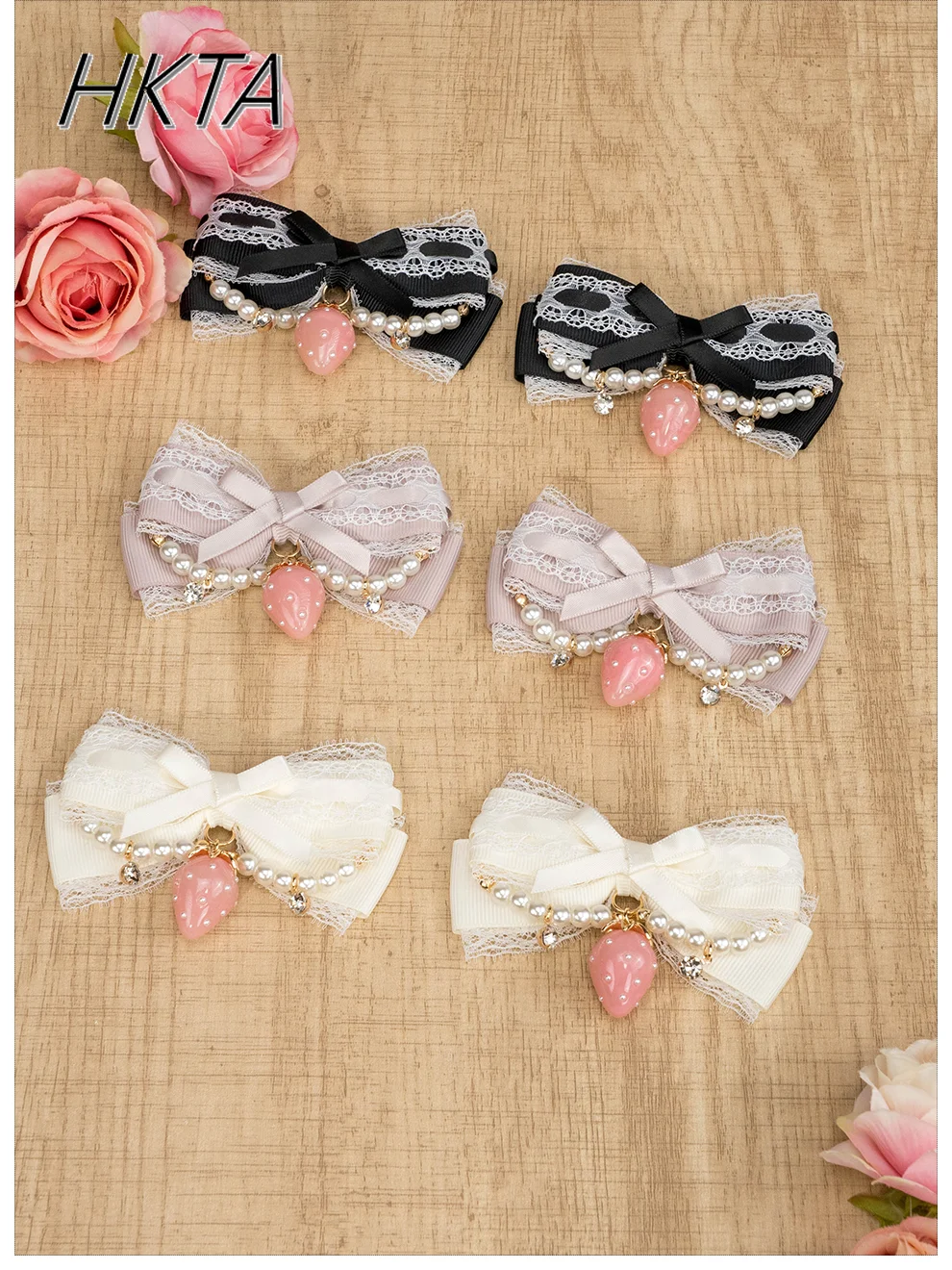 Japanese Handmade Bow Hair Clip Women's Sweet Lace Pearl Chain Strawberry Bow Hairpin Lolita Double Ponytail Headdress Edge Clip