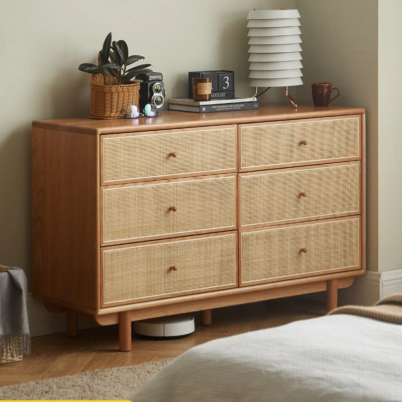 

Solid Wood Light Luxury Modern Cherrywood Rattan Chest of Drawers Locker Nordic Bedroom Storage Chest of Drawer