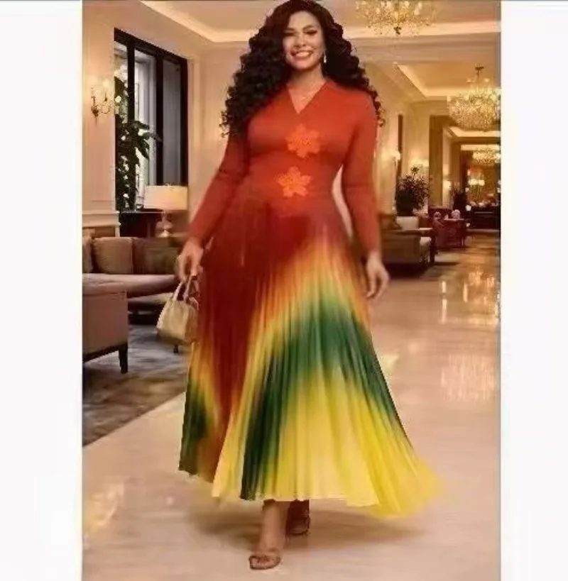 Miyake Pleated Loose Dress Fashion Gradual Change Waist Thin Temperament Elegant Long Dress Women's Clothing 2026 New