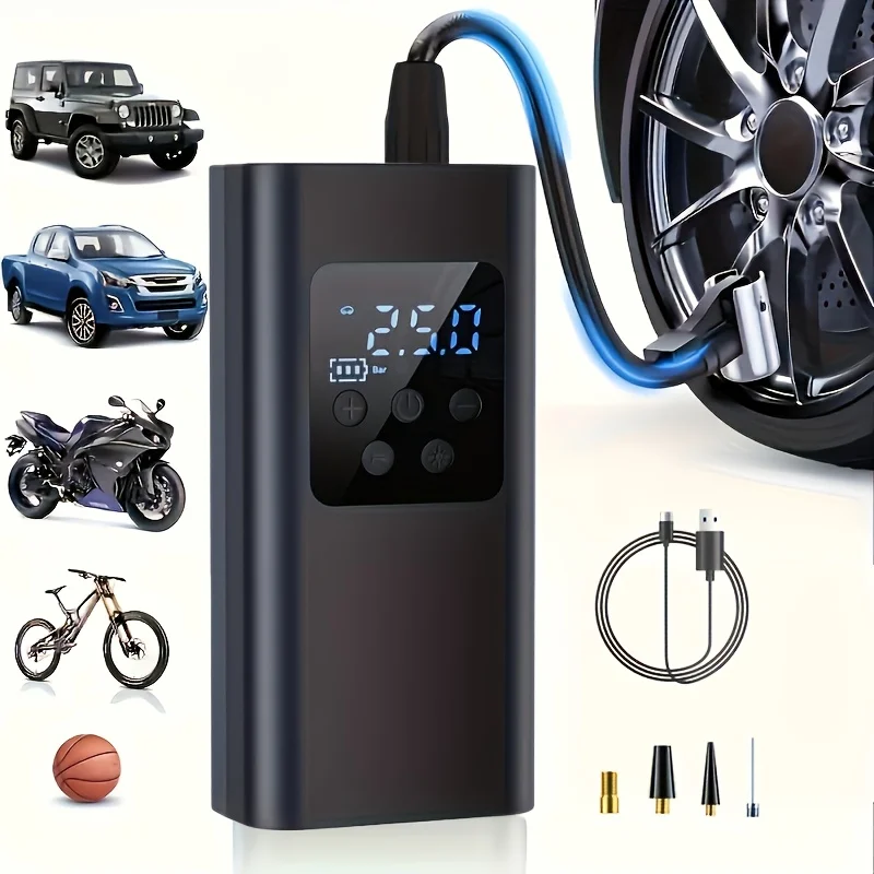 Wireless Smart Tire Inflator Portable Digital Display Fast Inflation with LED Light for Car Motorcycle Bike