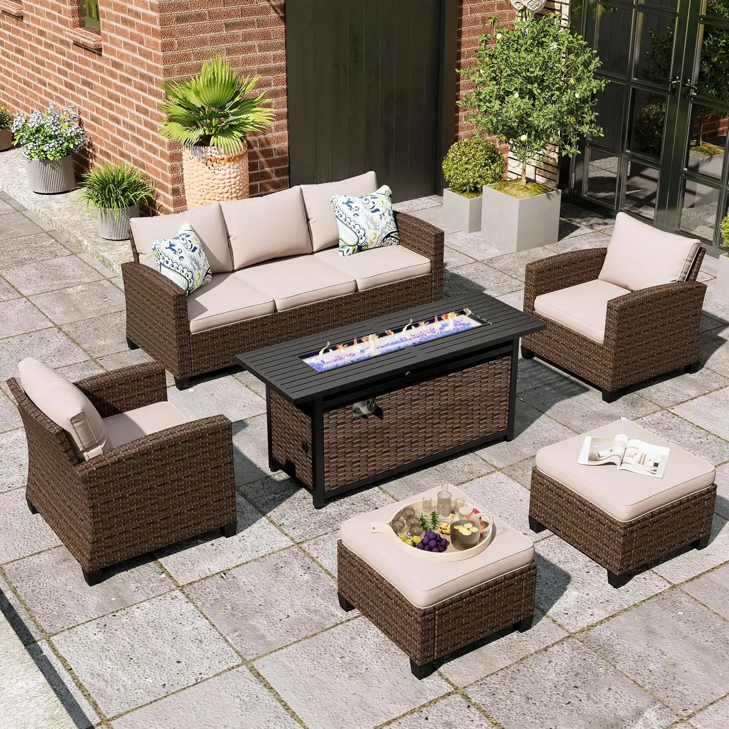 Patio Furniture Set,Wicker Outdoor Single Chairs, Seater Sofa and Ottoman with Cushion and  Firepit Table