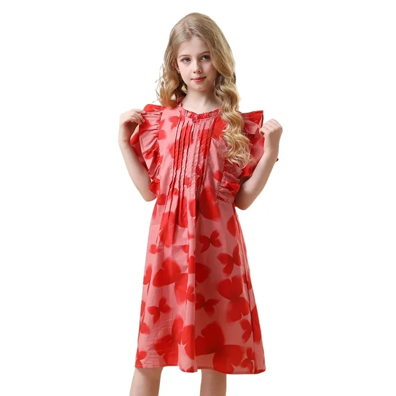 2024 Summer Kids Cotton Floral Dresses for Girls Cute Red Ruffles Princess Dress Children Outfits Clothing fits 4-12 Years