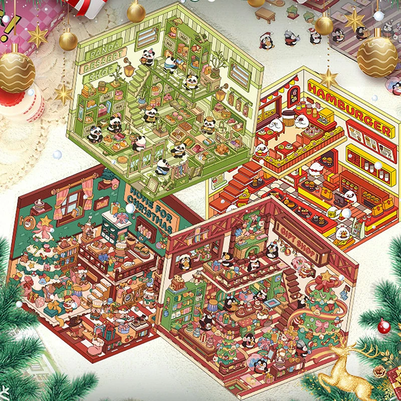 【3CS99】1/4 Uds. Pegatinas de paisajismo 3D DIY de Navidad pegatinas de cabina de escena en miniatura apilamiento de escena pegado lindo regalo para niños adultos