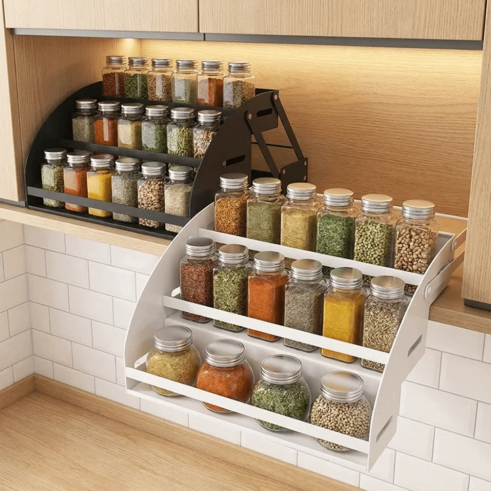 Stainless Steel 3-Tier Pull Down Spice Rack Anti Deformation Strong Load-bearing High Lift Pull Down Shelf Space Saving