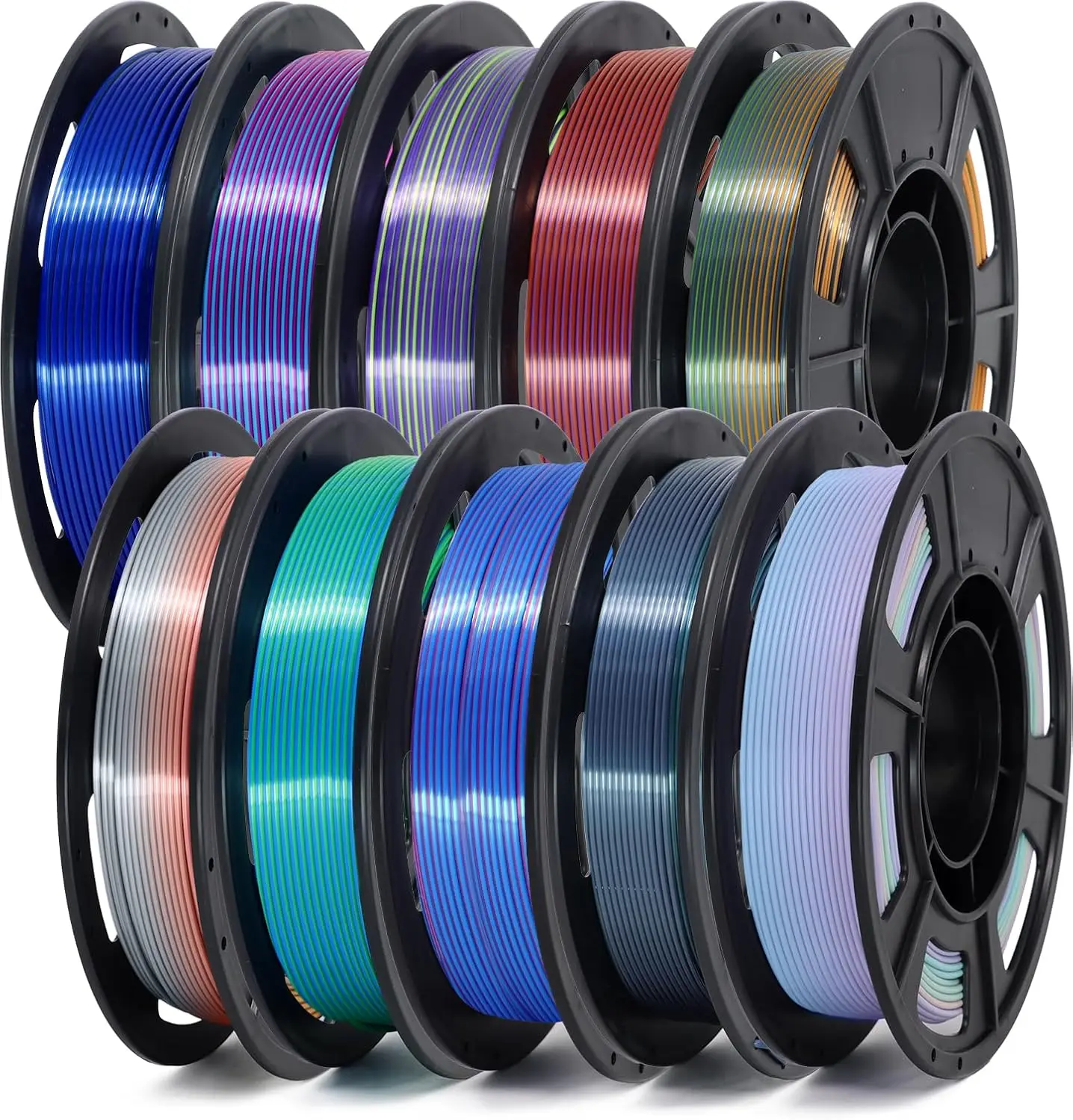 Silk PLA Filament 1.75mm Rainbow Color, 10-Pack Bundle for Smooth 3D Printing