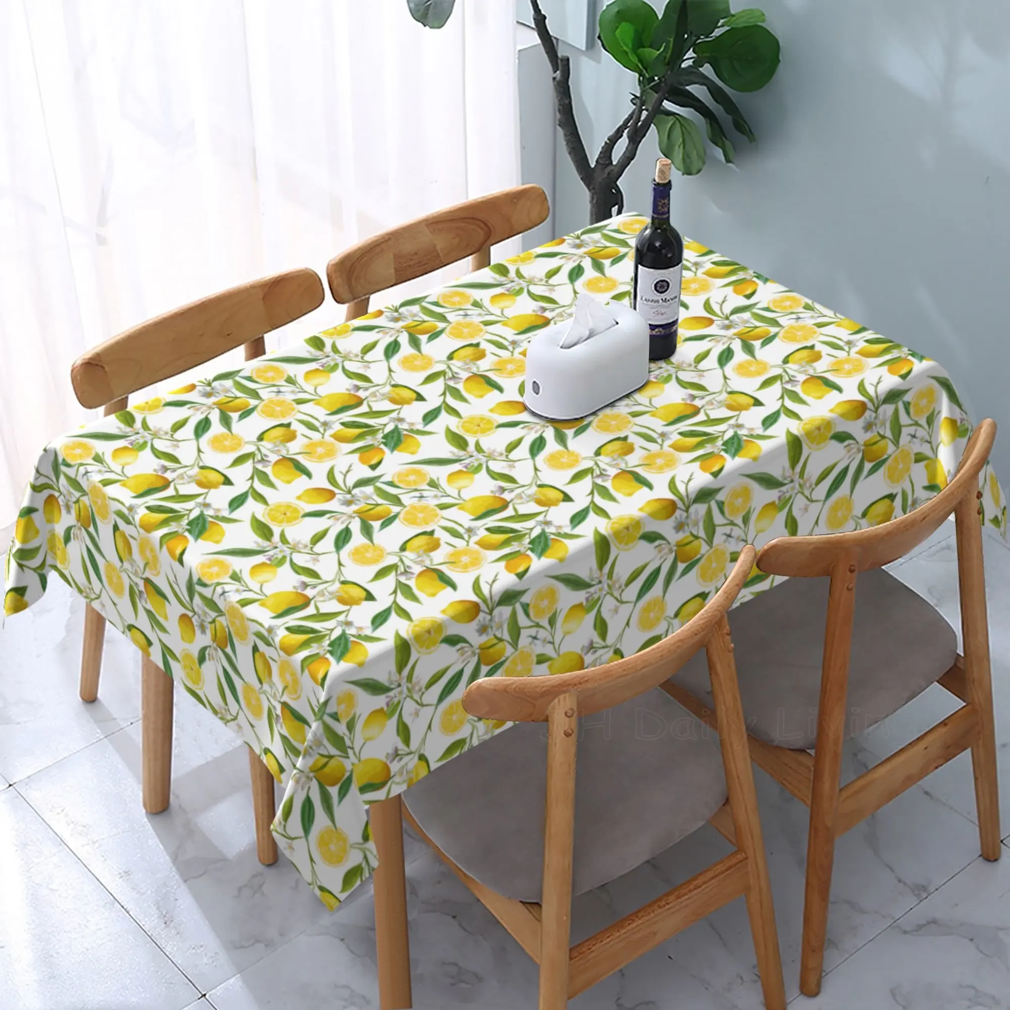 Lemon Tree Branches Flowers Leaves Rectangle Tablecloth Tablecover Anti-Wrinkle Waterproof Wipeable Table Cloth Home Table Decor