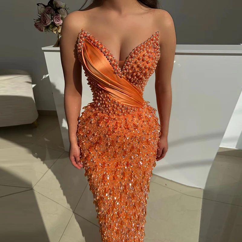 Glam Mermaid Strapless Prom Dress Sweetheart Neckline with Pearls Evening Dress Floor Length Party Dress Formal Galas Dress