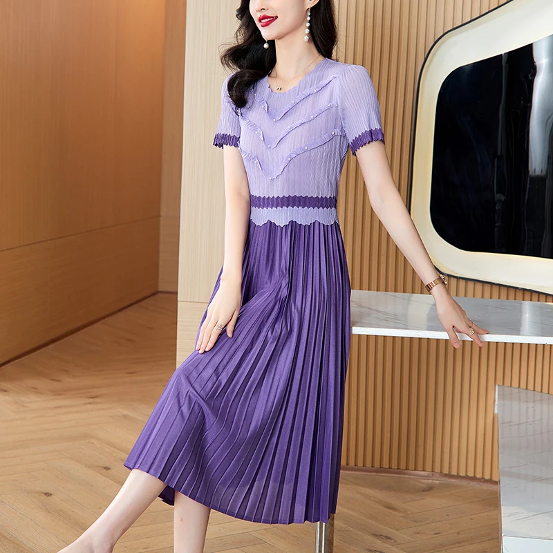 

Miyake Pleated Dress 2025 Summer New Round Neck Pleated Dress for Age Reduction Slimming Niche Splicing Heavy-duty Pleated Skirt