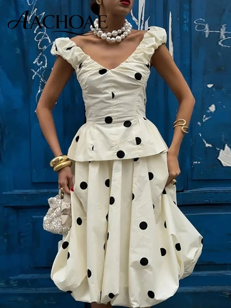 AACHOAE Women Polka Dot Bubble Midi Skirt High Waist A Line Flared Skirt Summer Holiday Party Long Elegant Retro Puff Hem Skirt