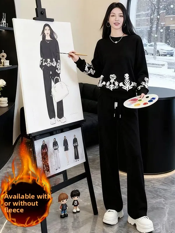 

Повседневный спортивный костюм женский: флисовая толстовка с эффектом похудения и широкие брюки, комплект из двух предметов, дизайн High Street, весна 2026