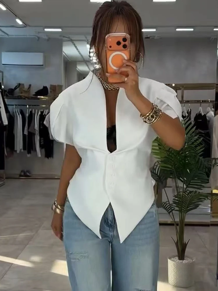 TFMLN Summer Women Short Puff Sleeve Coats V Collar Single Breasted Slim Fit Jacket Lady Chic Solid Party Bow Streetwear - view 5
