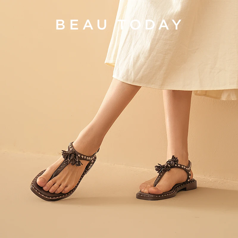 

BEAUTODAY Gladiator Sandals Women Calfskin Leather Fringe Rivet Flip Flops Summer Ladies T-Strap Flat Shoes Handmade 32470