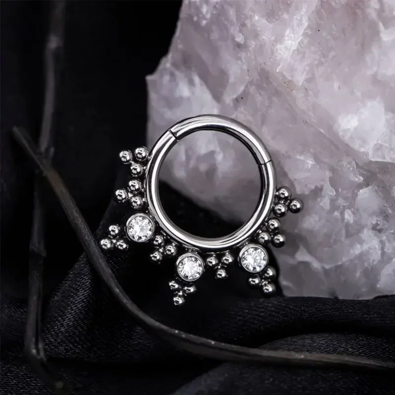 ASTM F136 Titanium Pierced 16G Hinged Nose Rings Hoop Beaded Zirconia Nose Ear Helix Daith Clicker Ring Body Jewelry