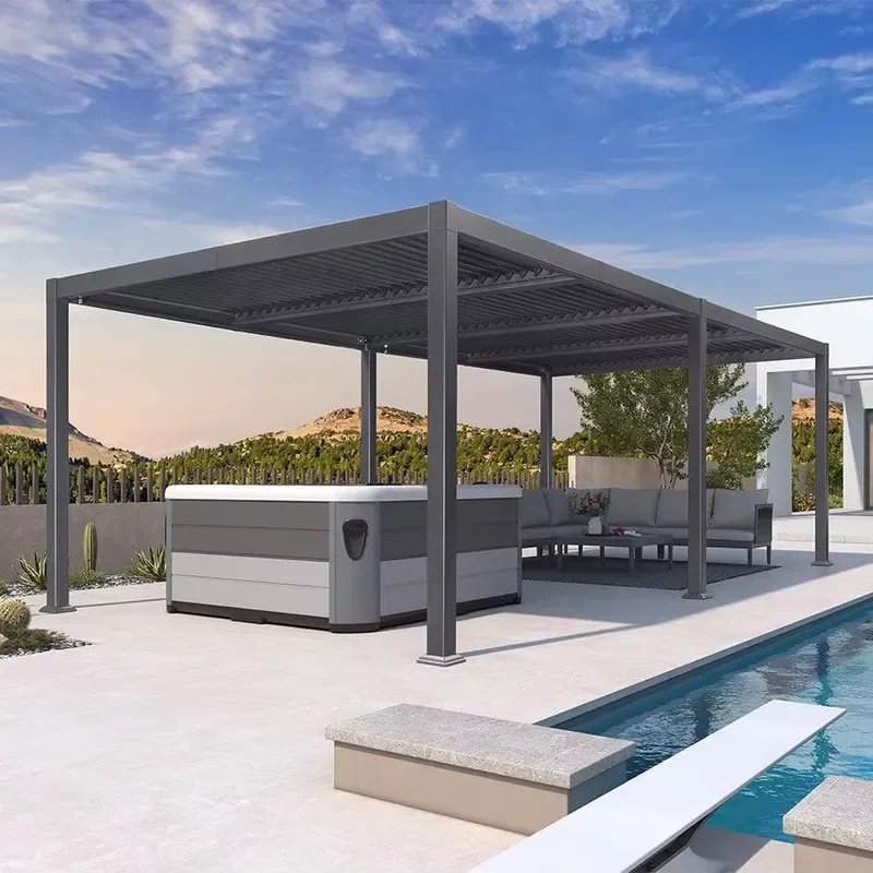 Outdoor Bioclimatic Retractable Aluminum Garden Pergola Canopy Motorized Sun Shade Louver Wood Frame Balcony Retractable Arch
