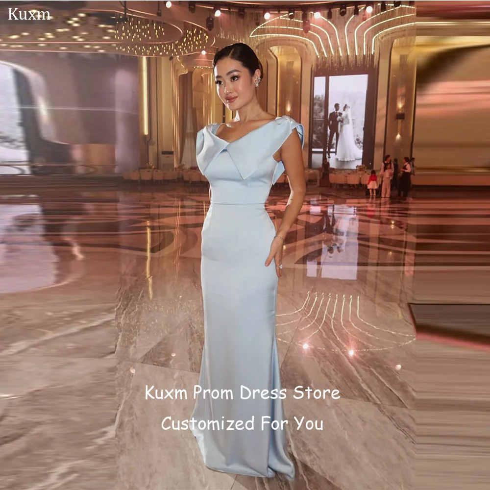 

Kuxm Sky Blue Satin Cap Sleeve Floor Length Elegant Prom Gowns V Neck Sleeveless Formal Mermaid Vestidos De Fiesta Customized