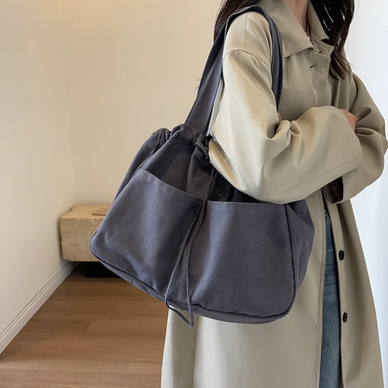 Drawstring Bucket Women's Bag Solid Canvas Shoulder Bag Casual Big Handbag Quality Tote Bag Vintage Sling Bag Y2K Eco Bag Korean