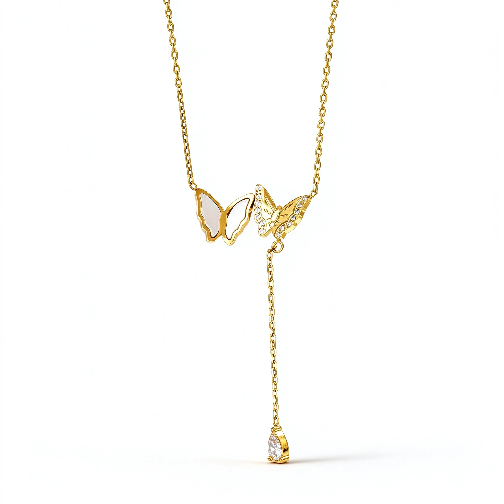 Elegant Butterfly Lariat Necklace Women Mother of Pearl CZ Pendant Gold Plated Stainless Steel Choker Wedding Party Jewelry Gift