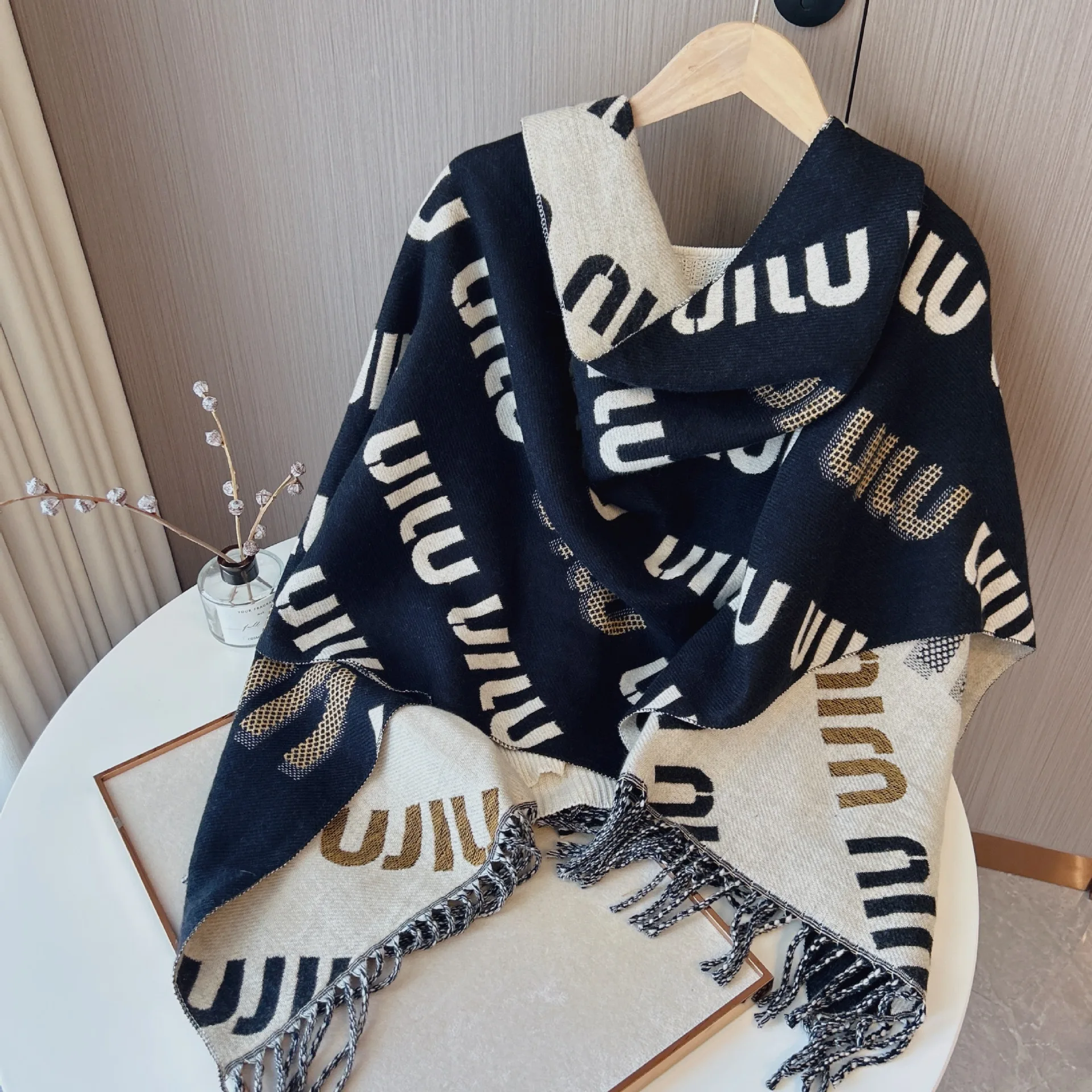 

2024 Women Winter Color Matching Warm Imitation Cashmere Scarf Long Thick Letters Double-sided Thick Shawl Cape