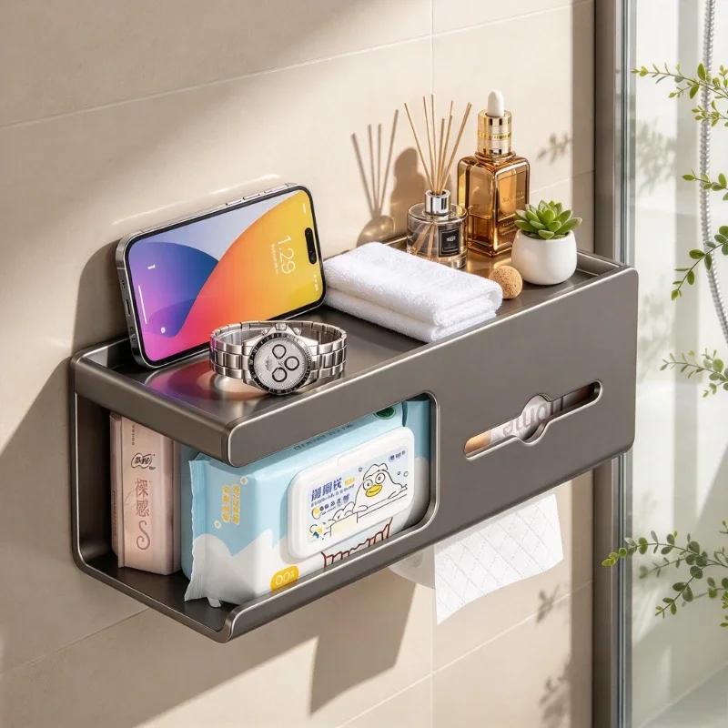 Carbon Steel Toilet Paper Holder with Shelf, Wall Mounted Tissue Rack No Drill, Removable Washable Rust Resistant
