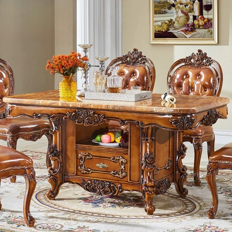 Marble solid wood carving flower rectangular dining table furniture American dining table