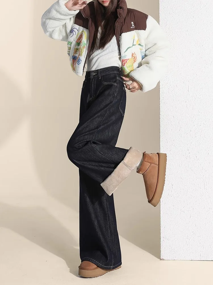 

Anti-Fading Wide Leg Denim Jeans Women's Fleece Lined Loose Straight Leg Pants Bootcut Trousers High Waist Long Pants