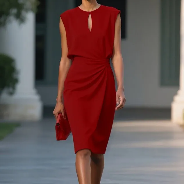 Summer Woman Dress Satin Ruched Long Maxi Dress Red Round Neck High Waist Cut Out Green Solid Color Sleeveless Women's Summer