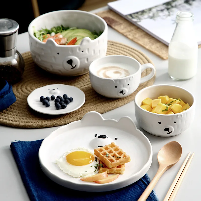 

Ceramic Dishes Cute Bear Plates Bowls Home Breakfast Cartoon Japanese Creative Tableware for One Person Coffee Cup and Saucer