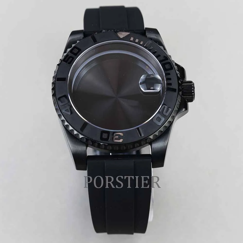 

10ATM Diver 40mm Black PVD Watch Cases Rubber Strap Sapphire Glass For NH35 NH36 movement 28.5mm Dial GMT YACHT-MASTER case