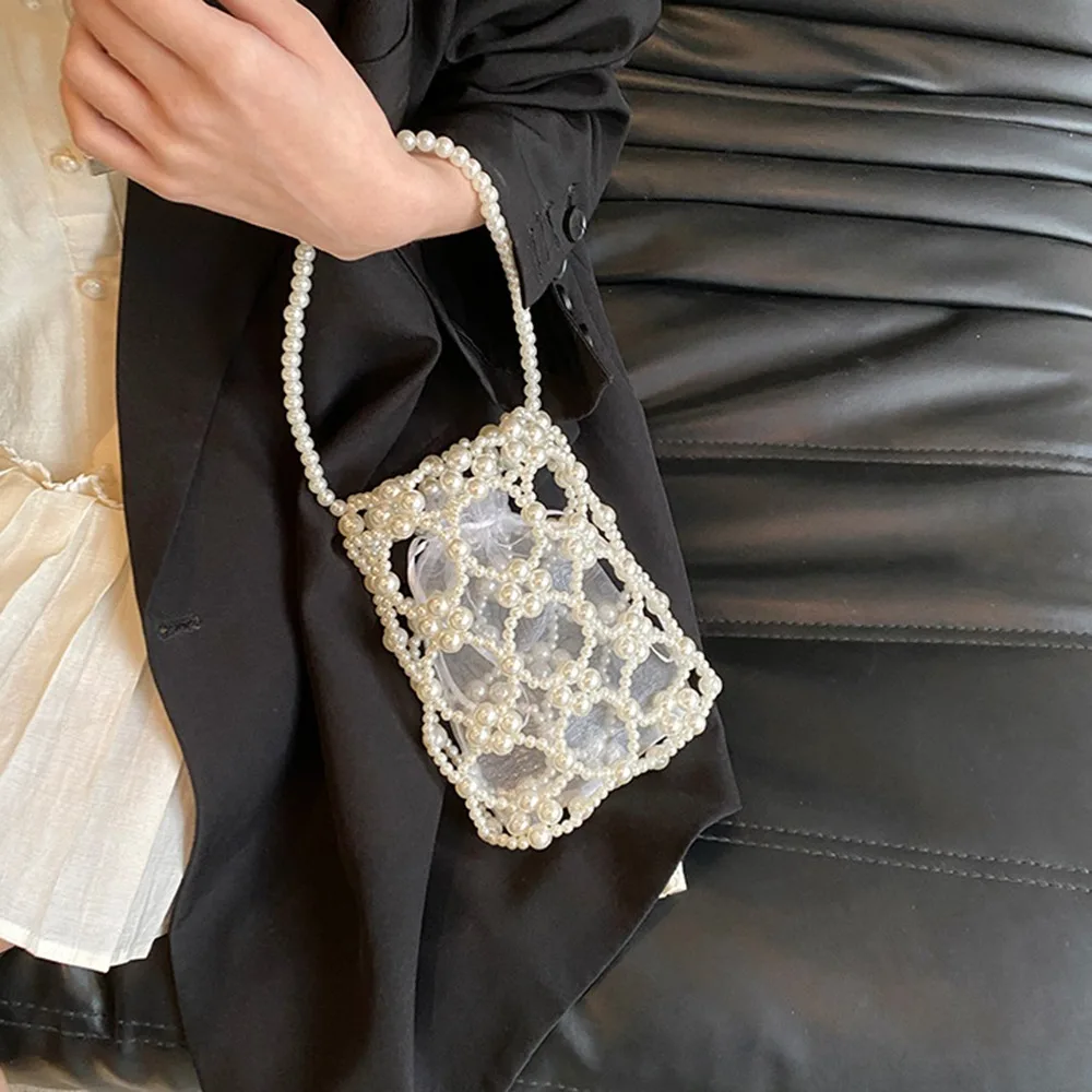 

Portable Luxury Pearl Beaded Bag Bohemia with Inner Bag Woven Bead underarm Bag Hollow Out Handmade Small Phone Pouch Lady