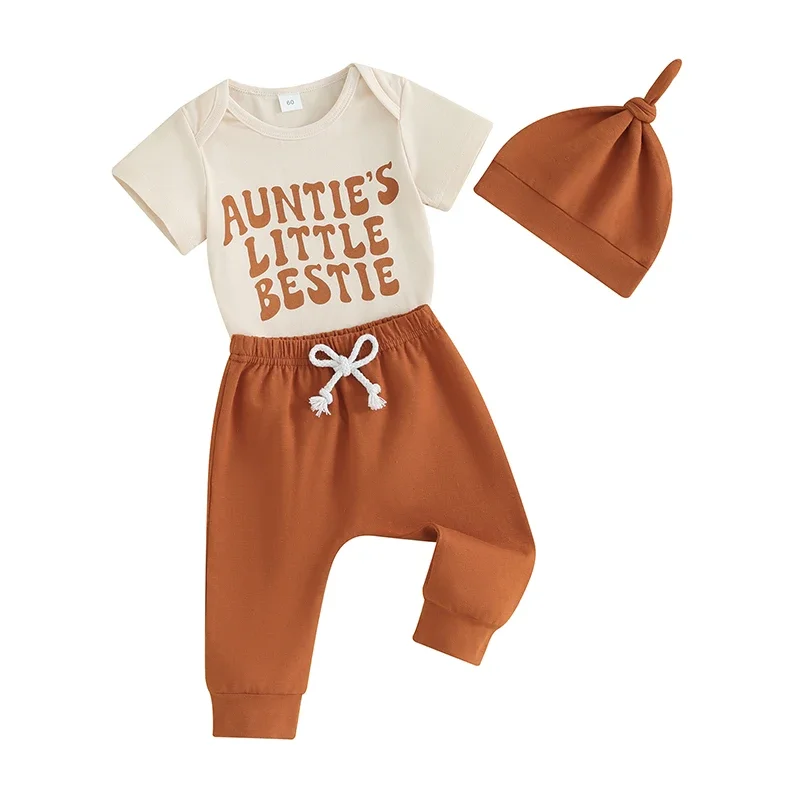 

Baby Boys Girls Summer Outfits Letter Print Crew Neck Short Sleeve Rompers Long Pants Hat 3Pcs Clothes Set