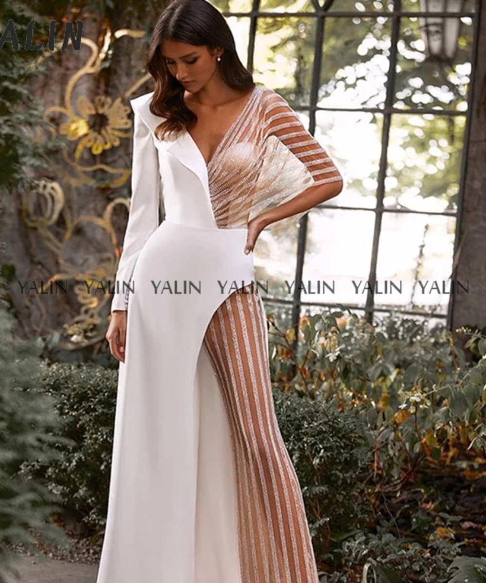 YALIN Champagne Dạ Hội 2022 Mới Vũ Hội Đầm Voan Slim Fit Dài Tay Ảo Ảnh Voan Cổ Chữ V Càn Quét Tàu Abendkleider