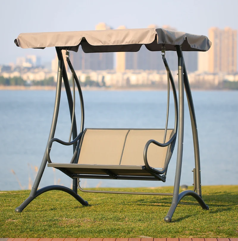 Metal Frame Wrought Iron Terrace Texlene Swing 2 Seats Double Hanging Swing Chair with Outdoor Garden Beach Terrace Canopy