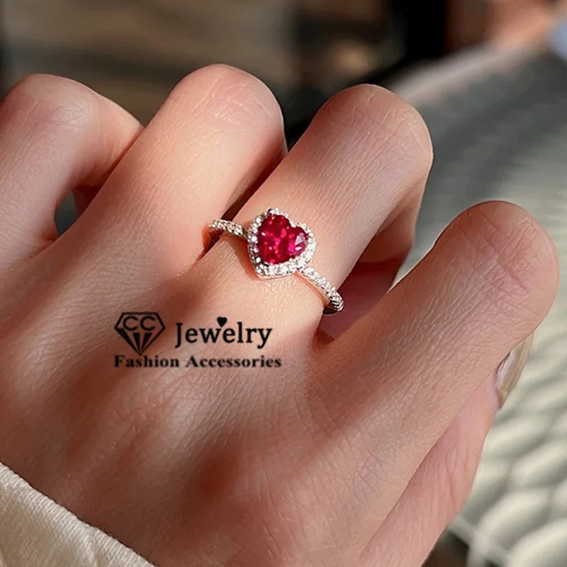 CC Romantic Heart Rings for Women White Gold Plated Fashion Jewelry Red Cubic Zircon Wedding Engagement Accessories  CC829