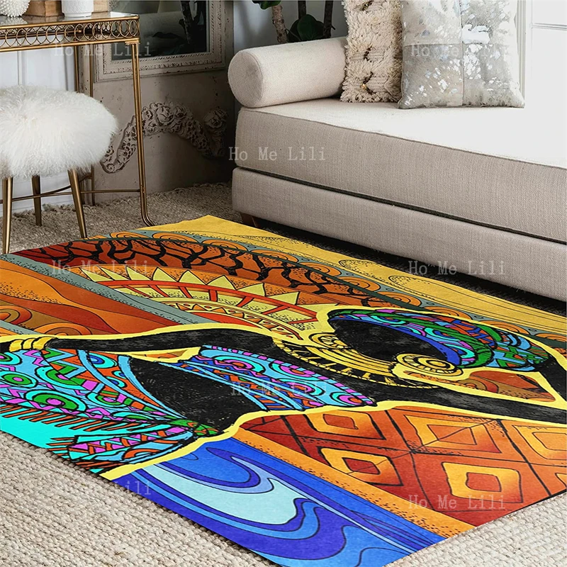 Tropical African Women Aztec Tribal Palm Tree Elephant Giraffe Sunset Ethnic Summer Vintage Flannel Floor Rugs For Living Room