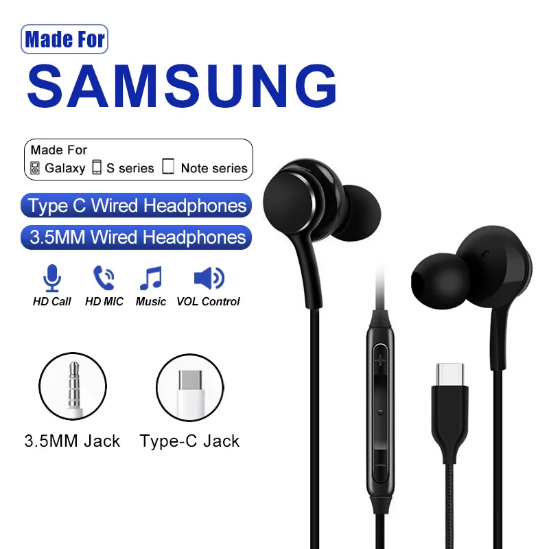 For Samsung Galaxy S25 Ultra S24 S23 Ultra A55 A54 A53 Type C Wired Earphone In-Ear Earbuds 3.5mm Stereo Headphones Accessories