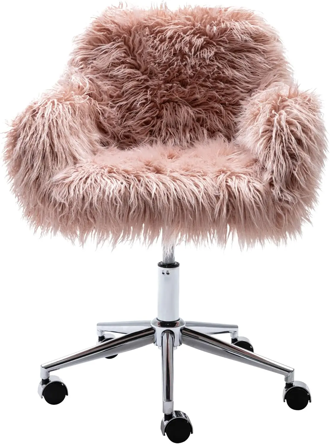 Fluffy Desk Chair, Faux Fur Furry Home Office Chair, Fuzzy Swivel Armchair with Wheels, Height Adjustable Silver Base , Pink