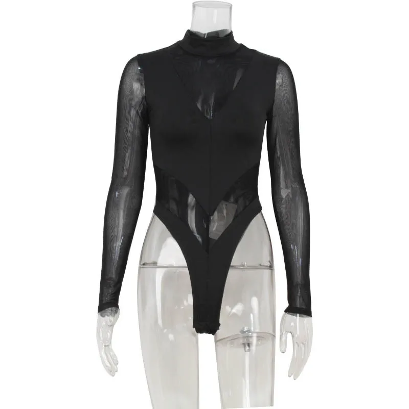 Black Mesh Long Sleeve Bodysuit for Women Front Hollow Out Bandage Bodysuits