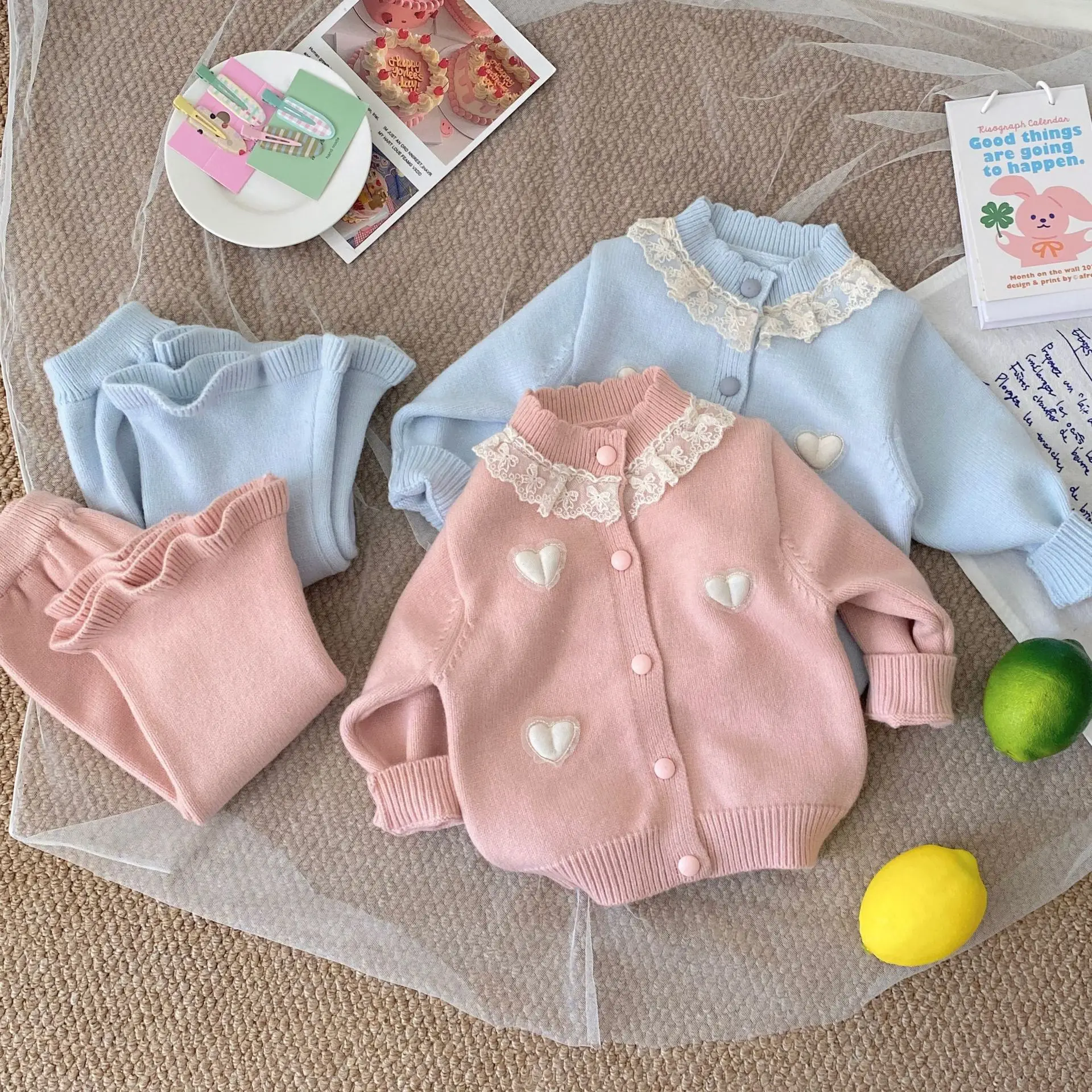 Infant Girl Sweet Heart Knitted Coat + Flared Pants 2pcs Suit Toddler Sweater Set 2025 Autumn New Baby Long Sleeve Clothes Set